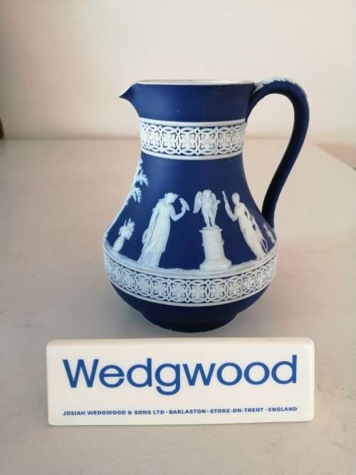 1920 Wedgwood Jasperware Dark Blue Neoclassical Fancy Latticew Pitcher Jug  #