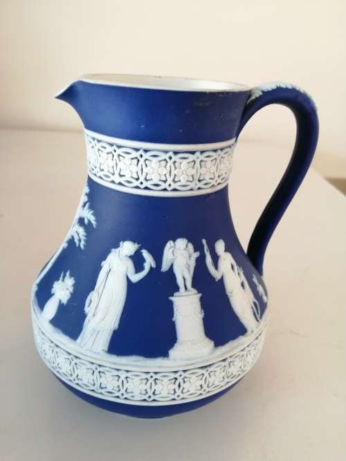 1920 Wedgwood Jasperware Dark Blue Neoclassical Fancy Latticew Pitcher Jug  #