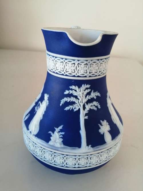 1920 Wedgwood Jasperware Dark Blue Neoclassical Fancy Latticew Pitcher Jug  #