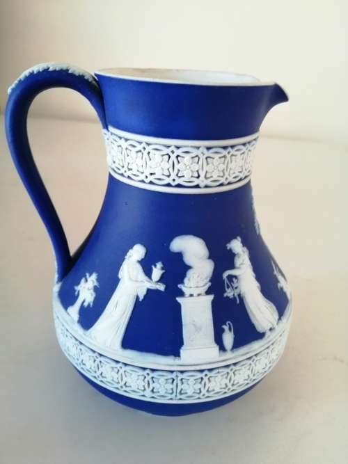 1920 Wedgwood Jasperware Dark Blue Neoclassical Fancy Latticew Pitcher Jug  #