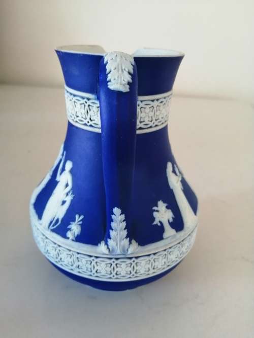 1920 Wedgwood Jasperware Dark Blue Neoclassical Fancy Latticew Pitcher Jug  #