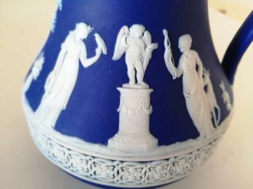 1920 Wedgwood Jasperware Dark Blue Neoclassical Fancy Latticew Pitcher Jug  #