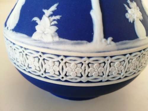 1920 Wedgwood Jasperware Dark Blue Neoclassical Fancy Latticew Pitcher Jug  #