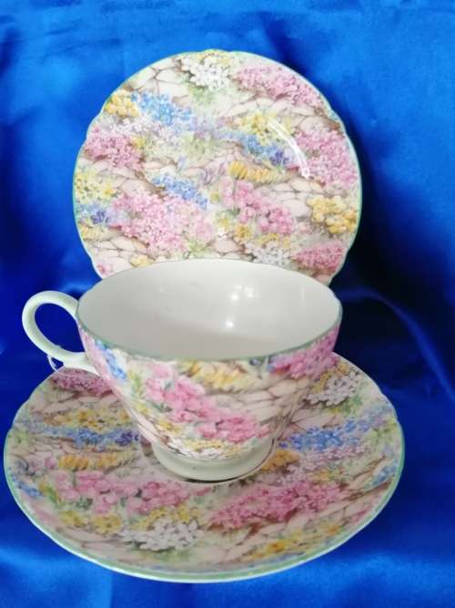 SHELLEY Rock Garden TRIO Tea Side Plate Cup and Saucer Green Trim ENGLAND