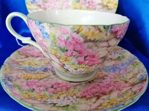 SHELLEY Rock Garden TRIO Tea Side Plate Cup and Saucer Green Trim ENGLAND