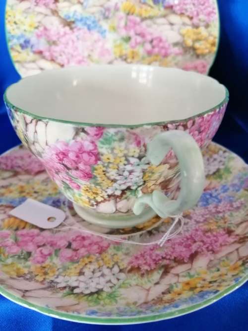 SHELLEY Rock Garden TRIO Tea Side Plate Cup and Saucer Green Trim ENGLAND