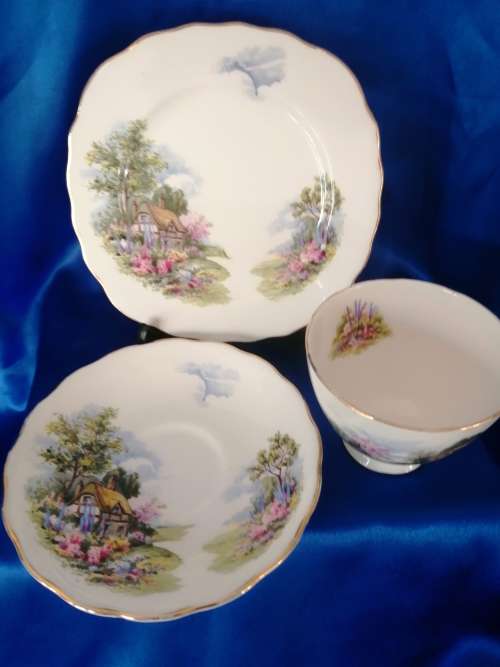 Royal Vale Gold Trim Cottage Garden Trio Bone China England