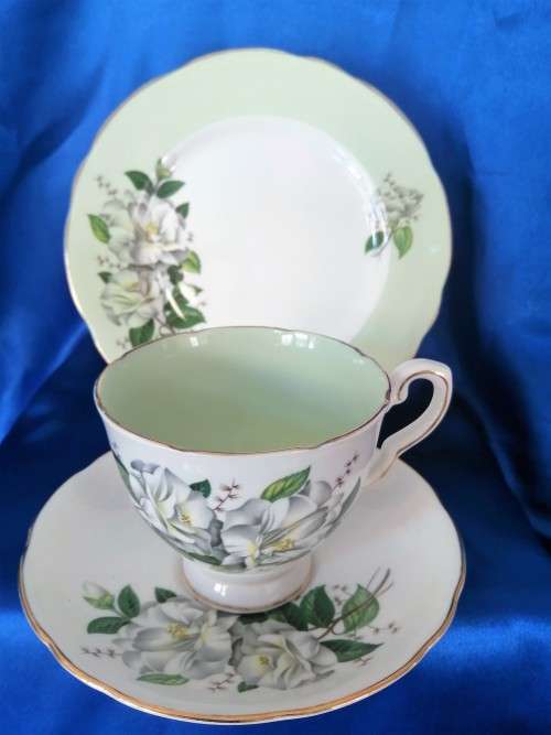 Vintage Royal Stafford English China Trio Tea Cup Saucer Plate  HARLEQUIN ROSES