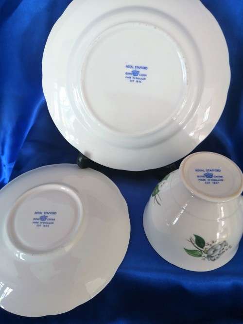 Vintage Royal Stafford English China Trio Tea Cup Saucer Plate  HARLEQUIN ROSES