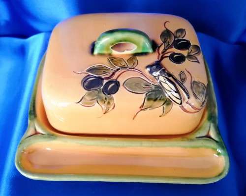 Glazed Pottery Beautiful Butterdish with bug #