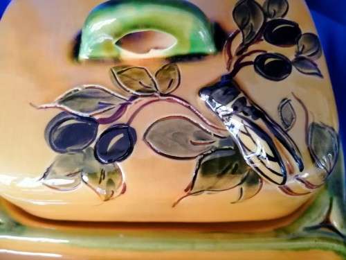 Glazed Pottery Beautiful Butterdish with bug #