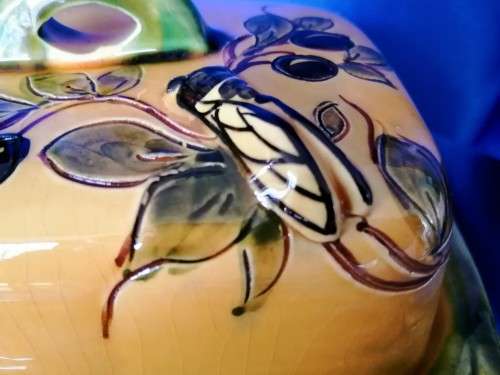 Glazed Pottery Beautiful Butterdish with bug #