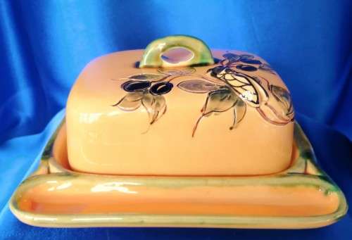 Glazed Pottery Beautiful Butterdish with bug #