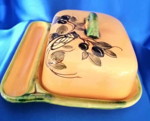 Glazed Pottery Beautiful Butterdish with bug #