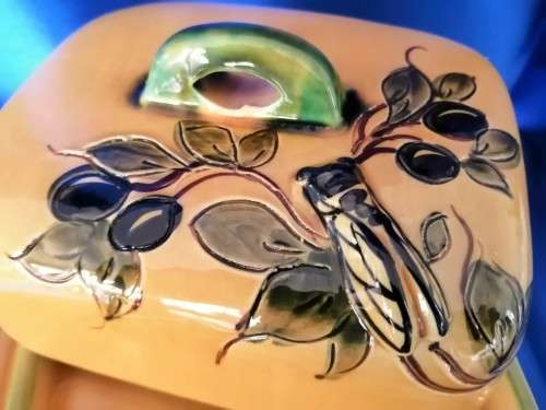 Glazed Pottery Beautiful Butterdish with bug #