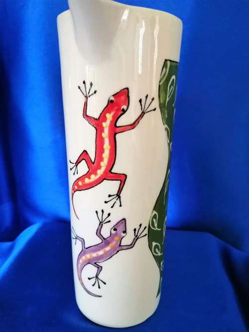 Hand painted Large Tall pottery Jug Lizards or geckos