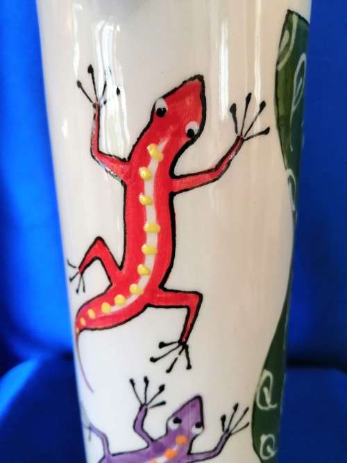 Hand painted Large Tall pottery Jug Lizards or geckos