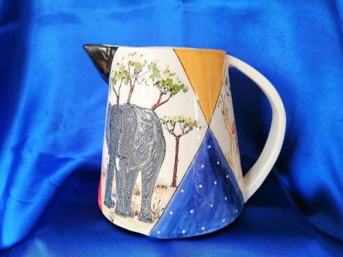 Hand painted Large pottery Jug From Clay Africa Namibia, Elephant Giraffe and Buck