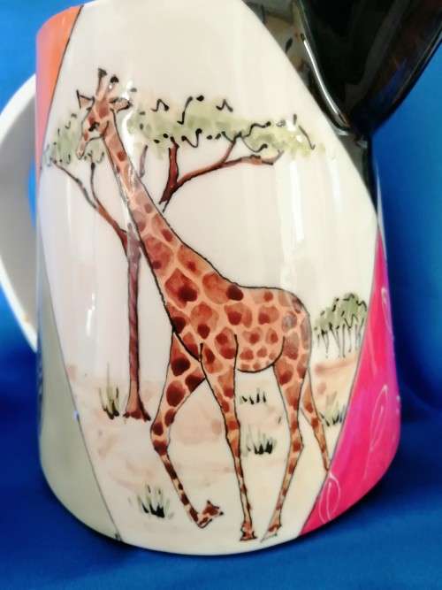 Hand painted Large pottery Jug From Clay Africa Namibia, Elephant Giraffe and Buck