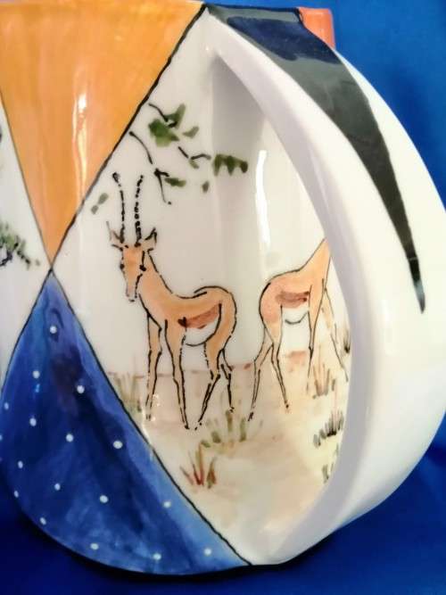 Hand painted Large pottery Jug From Clay Africa Namibia, Elephant Giraffe and Buck