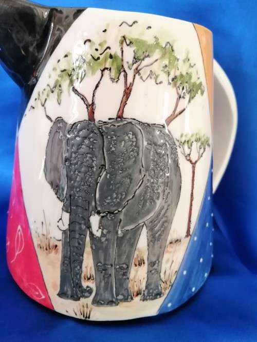 Hand painted Large pottery Jug From Clay Africa Namibia, Elephant Giraffe and Buck