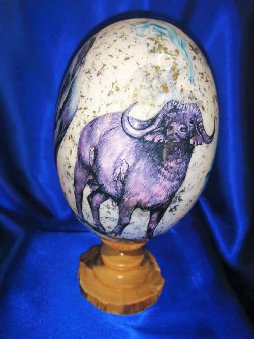 Stunning Big 5 decorated on a Ostrich egg on a wooden plinth