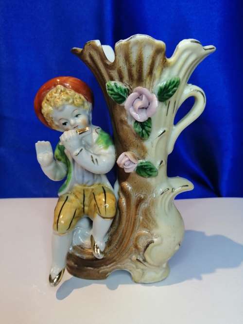 Vintage Porcelain Flower Vase Boy Playing Flute Decor Victorian