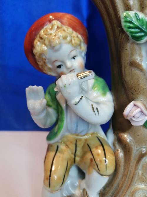 Vintage Porcelain Flower Vase Boy Playing Flute Decor Victorian