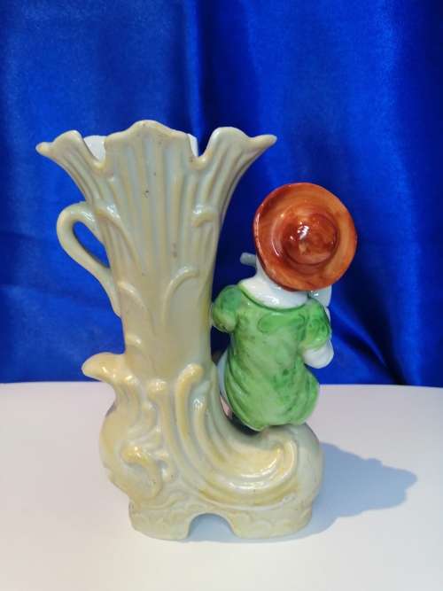 Vintage Porcelain Flower Vase Boy Playing Flute Decor Victorian