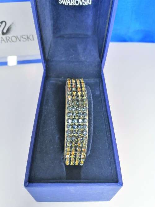 Swarovski Black AB Crystal with Distressed Metallic Leather Strap Buckle Bracelet