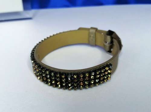 Swarovski Black AB Crystal with Distressed Metallic Leather Strap Buckle Bracelet