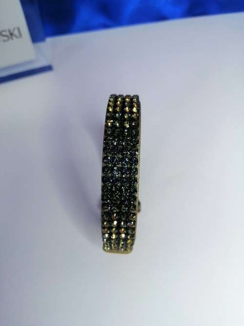 Swarovski Black AB Crystal with Distressed Metallic Leather Strap Buckle Bracelet