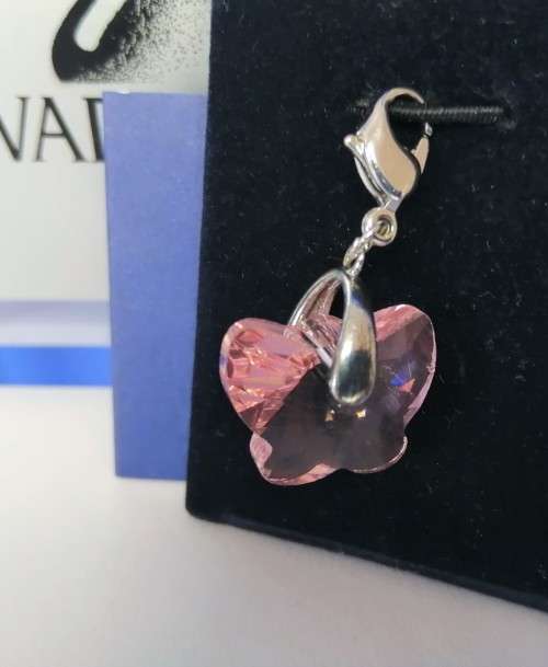 Swarovski Crystal Clip On Charm Light Rose Pink Crystal Butterfly Rhodium Plated
