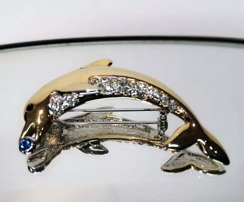 Beautiful Vintage Gold and Crystal Dolphin Brooch