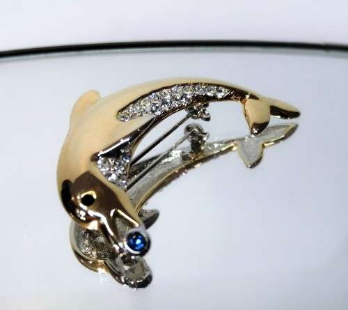 Beautiful Vintage Gold and Crystal Dolphin Brooch