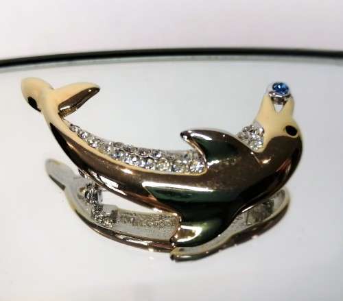 Beautiful Vintage Gold and Crystal Dolphin Brooch