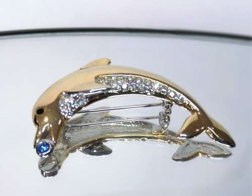 Beautiful Vintage Gold and Crystal Dolphin Brooch