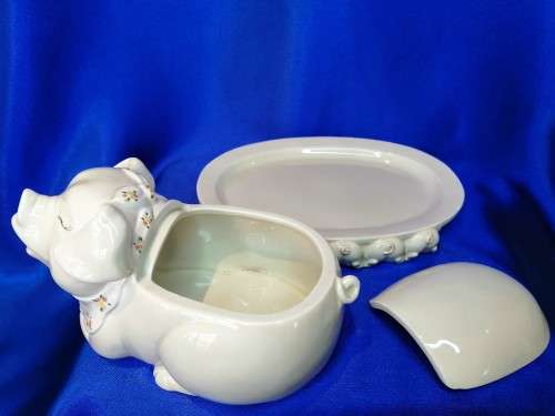 Vintage 1983 Fitz and Floyd Porcelain Pig For the French Market Serving Dish and Plate #
