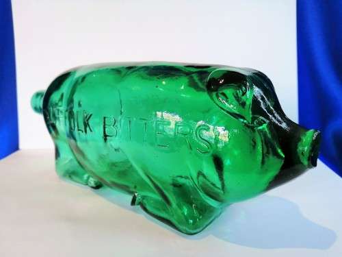 Vintage Suffolk Bitters Green Glass Figural Pig Bottle #