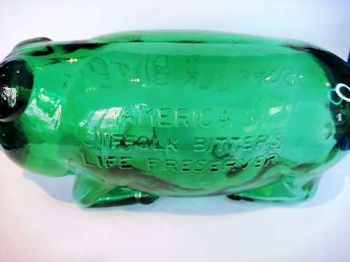 Vintage Suffolk Bitters Green Glass Figural Pig Bottle #