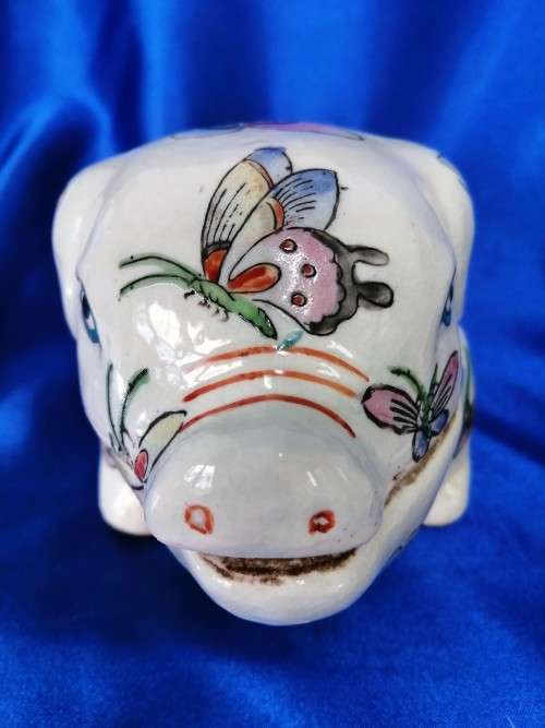 Rare Early 20th Cent Chinese Famille Rose Pig Large Trinket Pot Neck Rest #