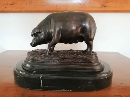 Antique Bronze Truffle Sow Jules Moigniez 1800s Signed Pig Swine on Marble Base #