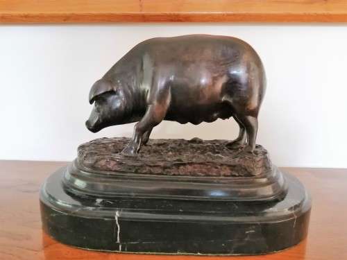 Antique Bronze Truffle Sow Jules Moigniez 1800s Signed Pig Swine on Marble Base #