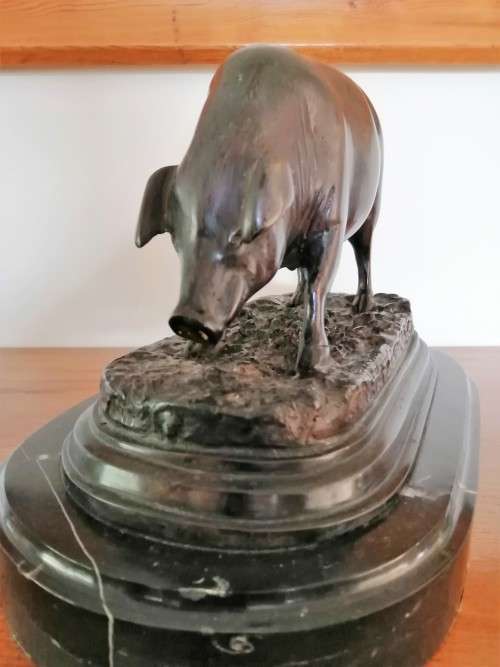 Antique Bronze Truffle Sow Jules Moigniez 1800s Signed Pig Swine on Marble Base #