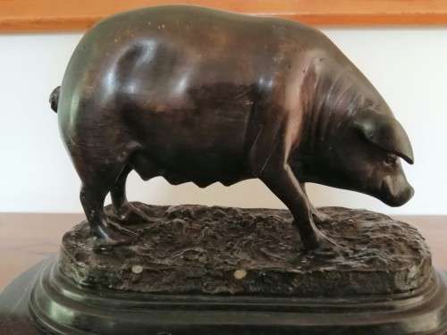 Antique Bronze Truffle Sow Jules Moigniez 1800s Signed Pig Swine on Marble Base #