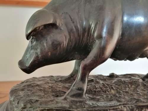 Antique Bronze Truffle Sow Jules Moigniez 1800s Signed Pig Swine on Marble Base #