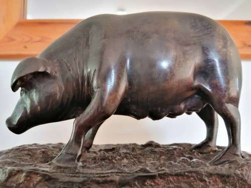 Antique Bronze Truffle Sow Jules Moigniez 1800s Signed Pig Swine on Marble Base #