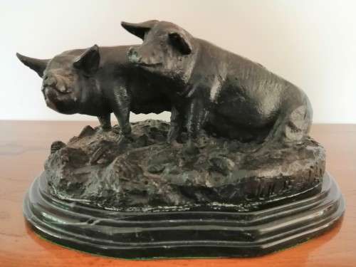 Antique Bronze Jules Moigniez 1800s Signed Pigs on Marble Base #