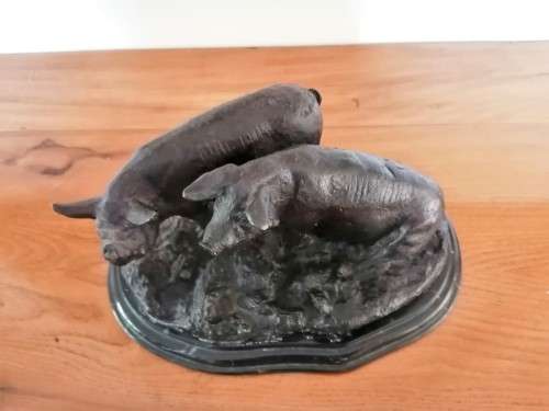 Antique Bronze Jules Moigniez 1800s Signed Pigs on Marble Base #