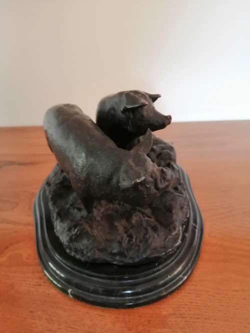 Antique Bronze Jules Moigniez 1800s Signed Pigs on Marble Base #